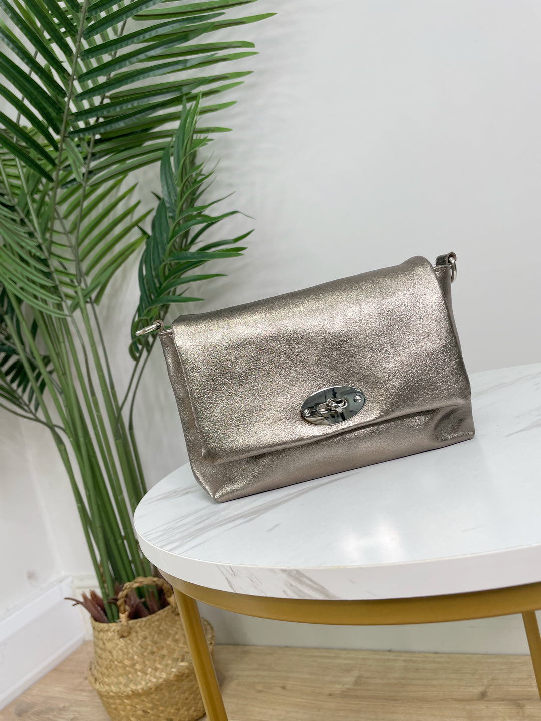 Real Leather Buckle Bag - Bronze