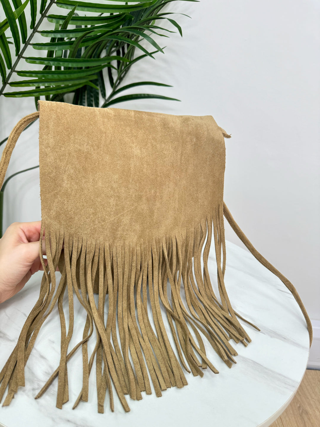 Suede Tassel Crossbody - Beige