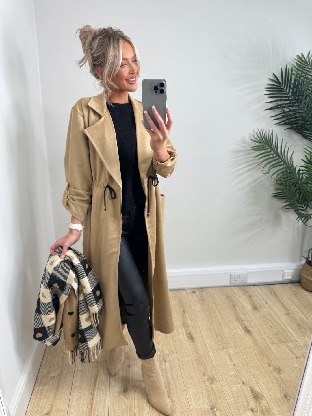 Longline Suede Trench Coat - Tan