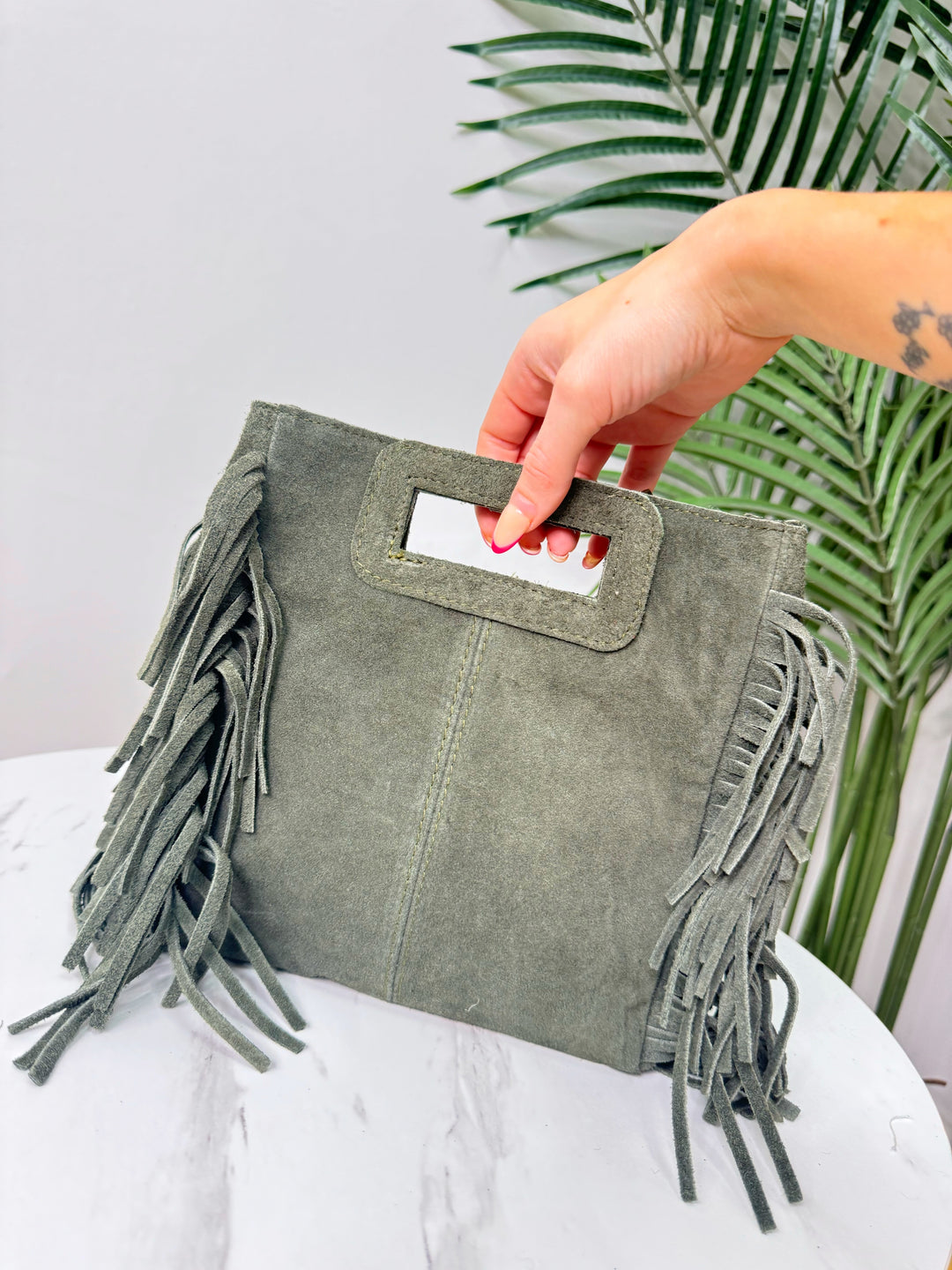 Suede Tassel Handbag - Khaki