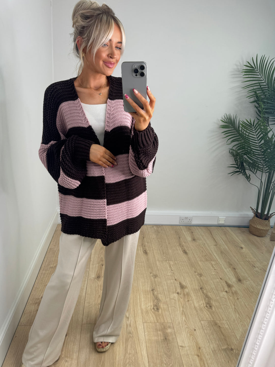 Chunky Stripe Cardigan - Choc & Pink