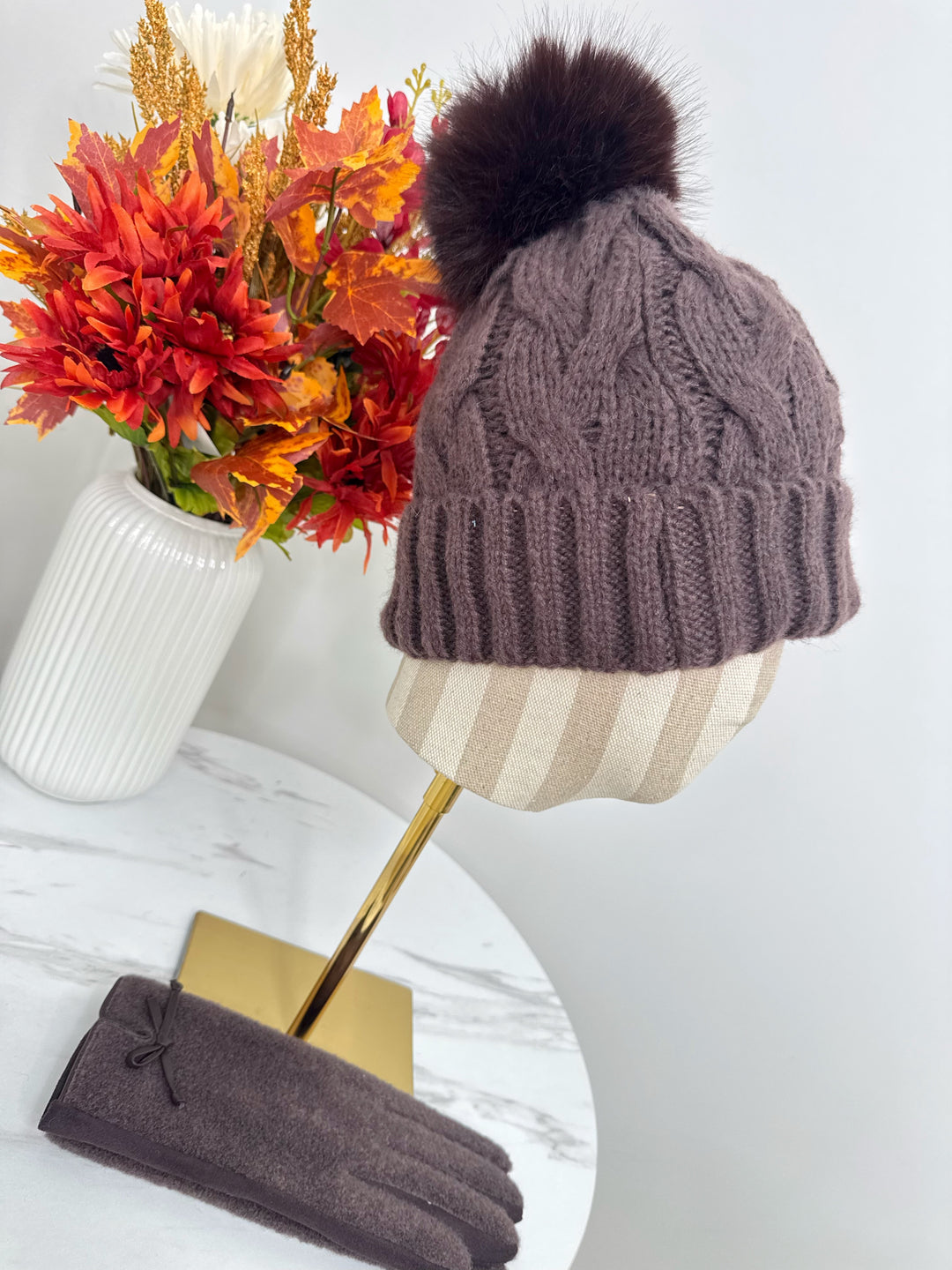 Luxe Pom Pom Hat - Mauve Chocolate