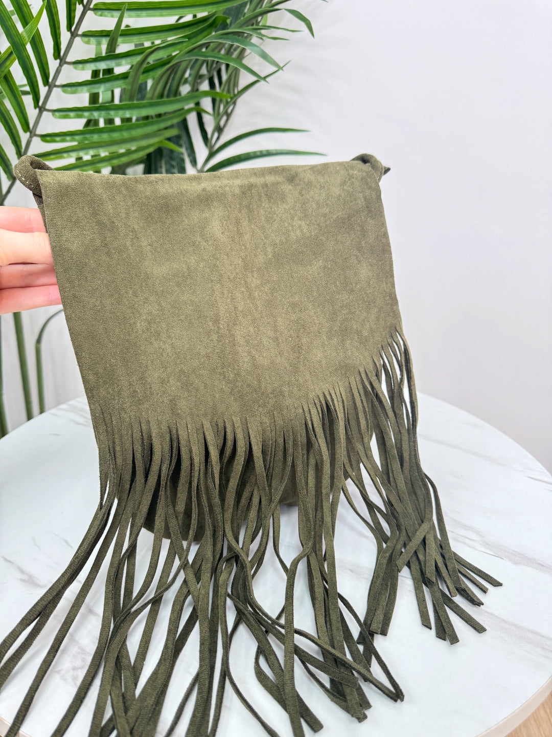 Suede Tassel Crossbody - Khaki