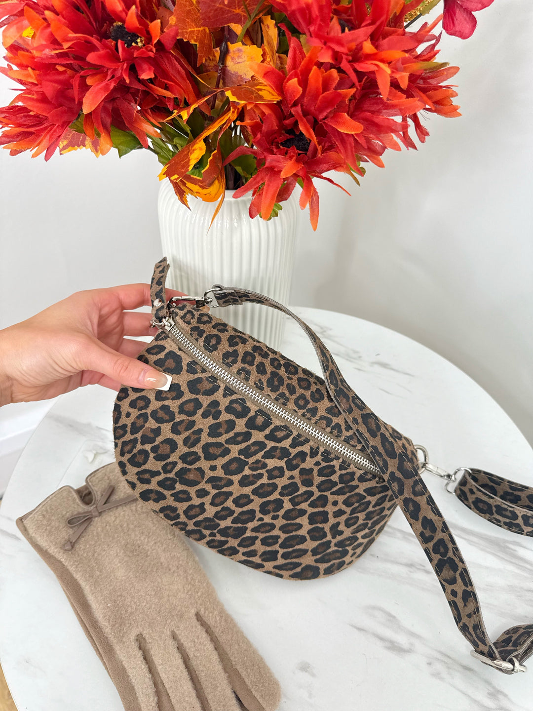 Italian Suede Sling Bag - Leopard