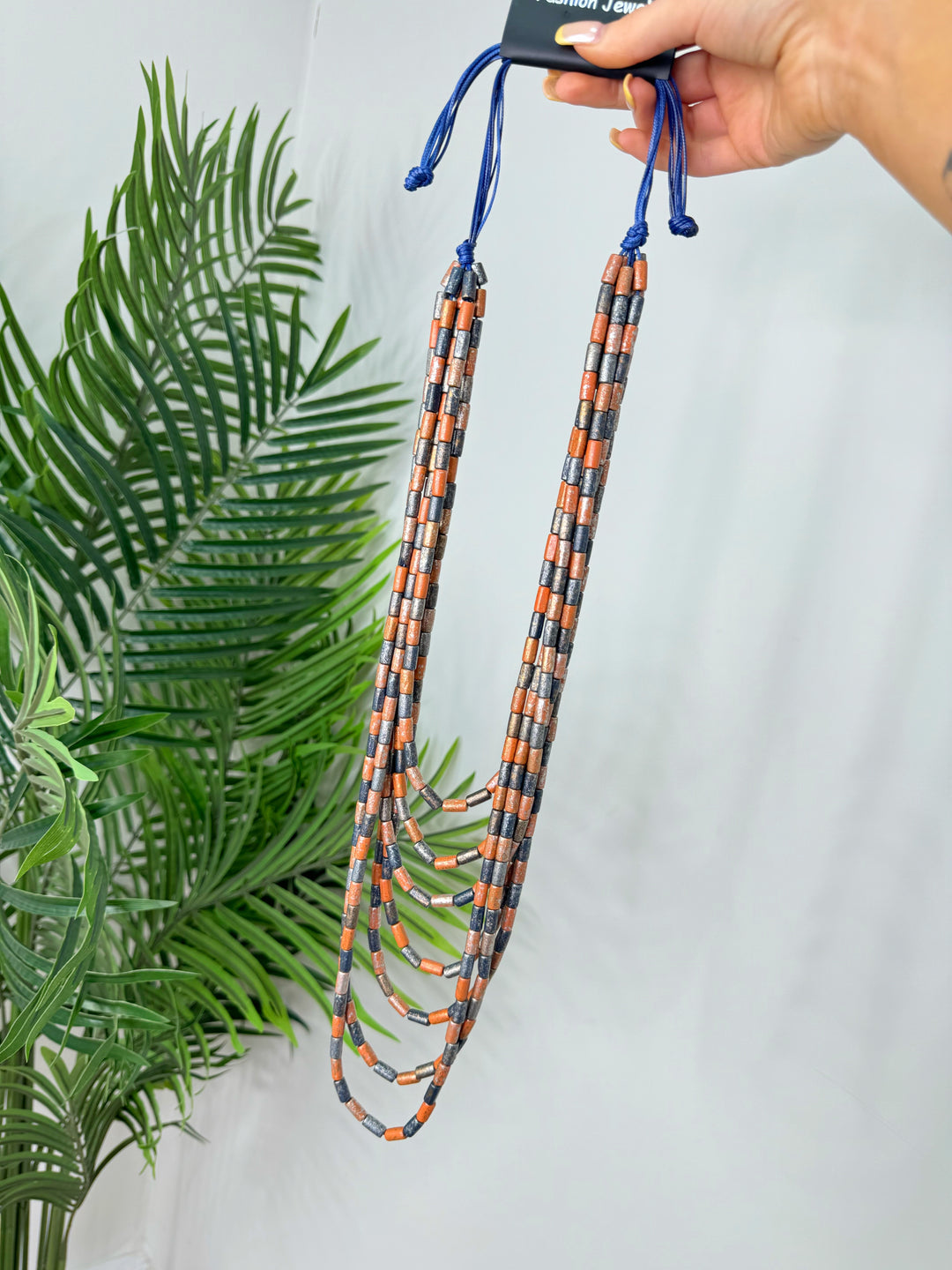 Navy & Orange Beaded Necklace