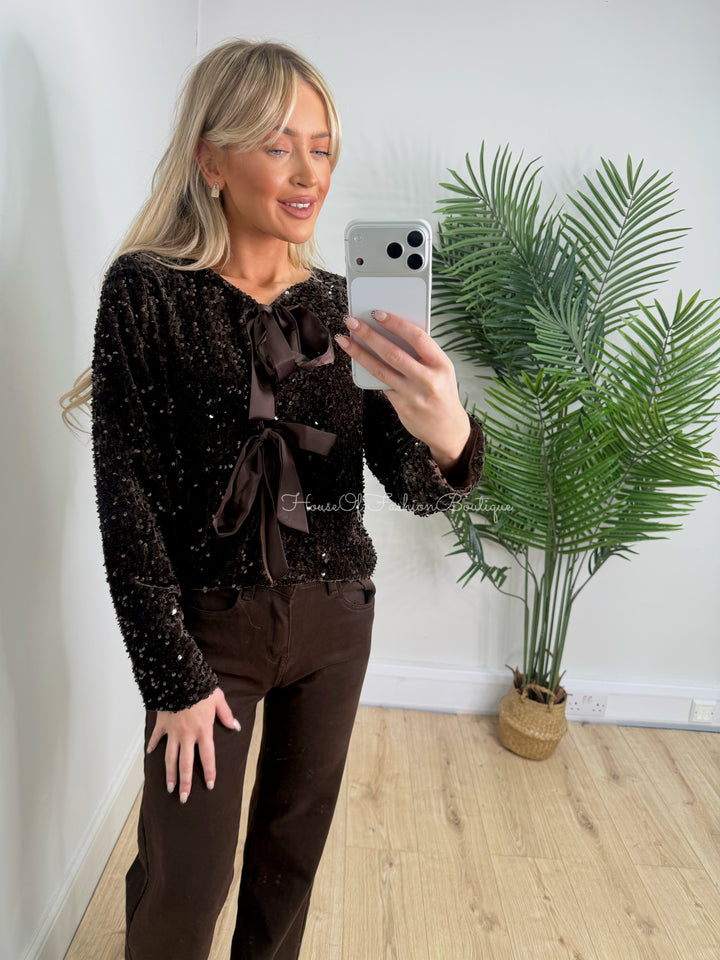 Sequin Bow Top - Chocolate preorder