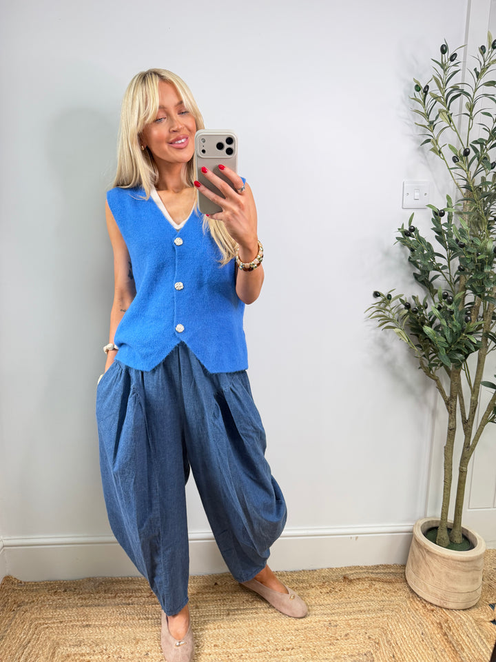 Kara Button Top - Cornflower