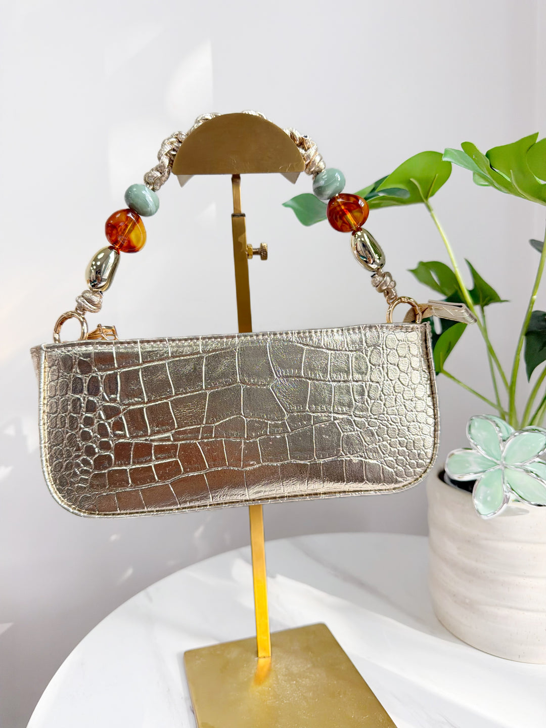 Gold Croc Beaded Bag - Gold