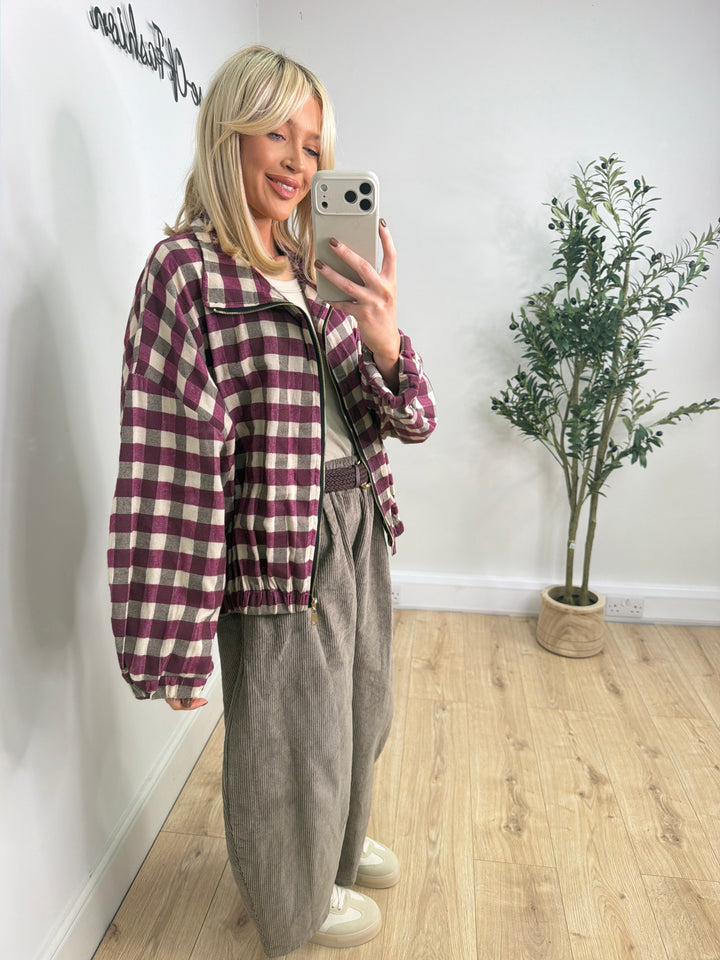 Ruby Cotton Checkered Bomber - Magenta
