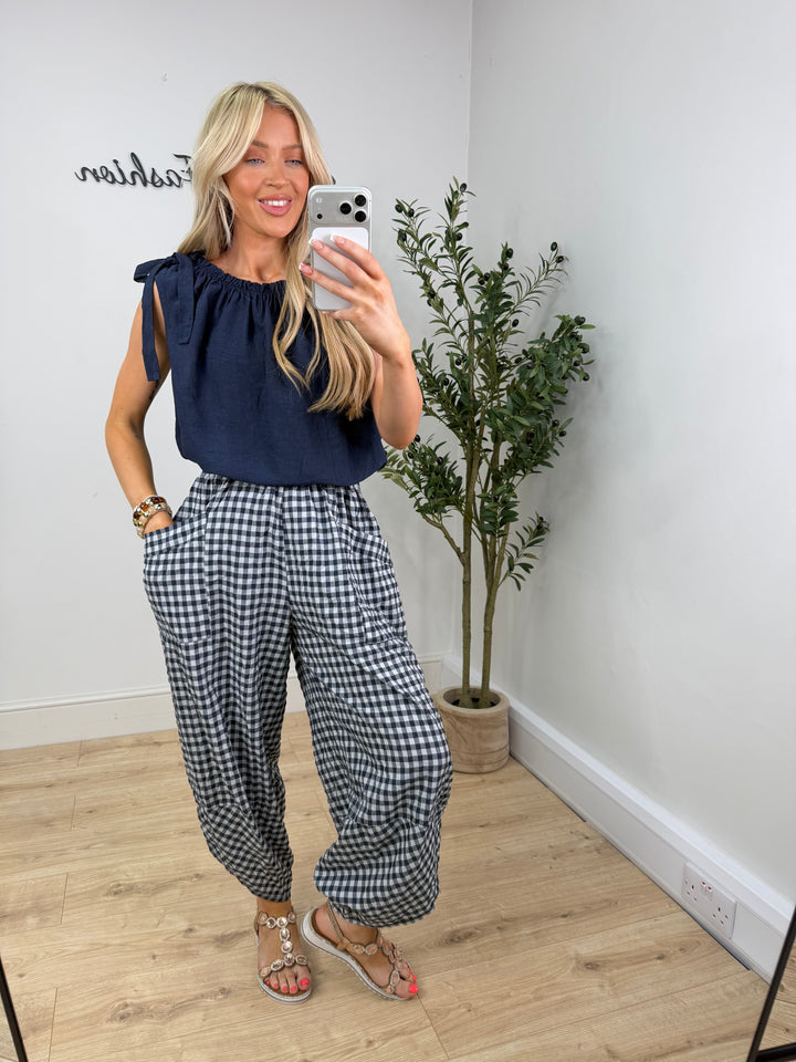 Nancie Pocket Barrel - Navy Gingham