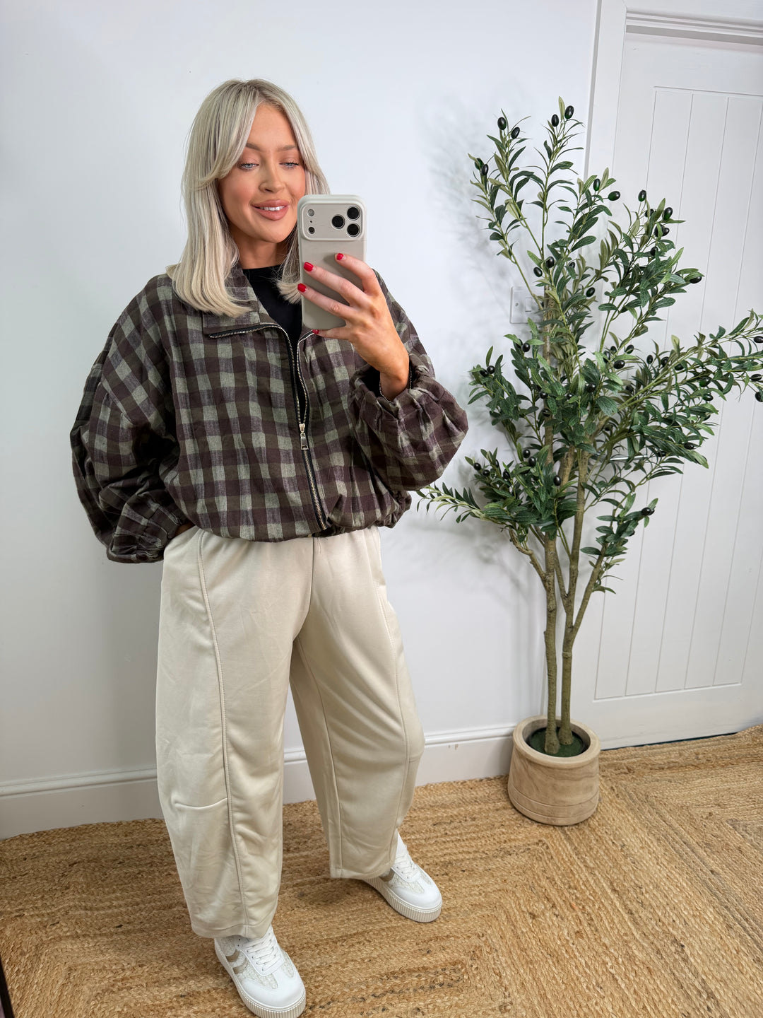 Ruby Cotton Checkered Bomber - Khaki