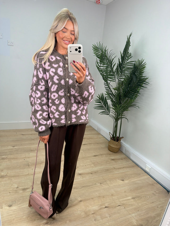 Amelia Leopard Cardigan - Mocha & Pink