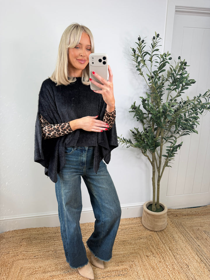 Lissy Faux Fur Poncho - Black