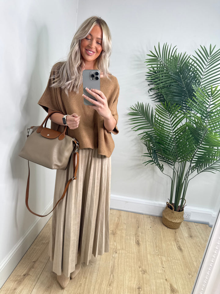 Eden Pleated Suede Skirt - Cream