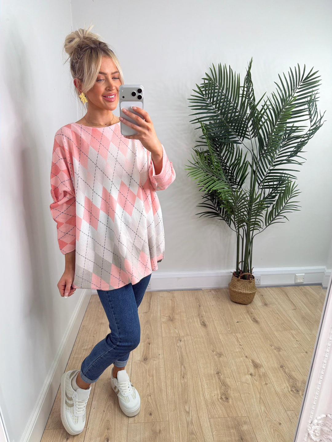 Luna Argyle Knit - Coral & Pink