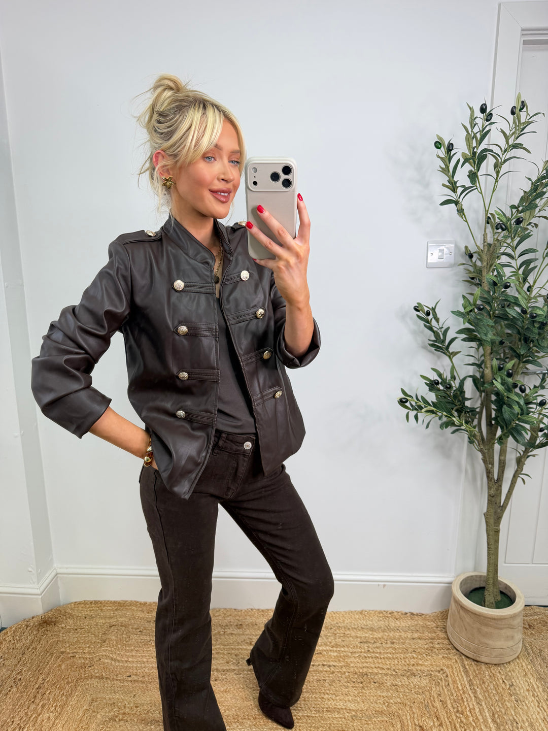 Penny PU Military Jacket - Chocolate