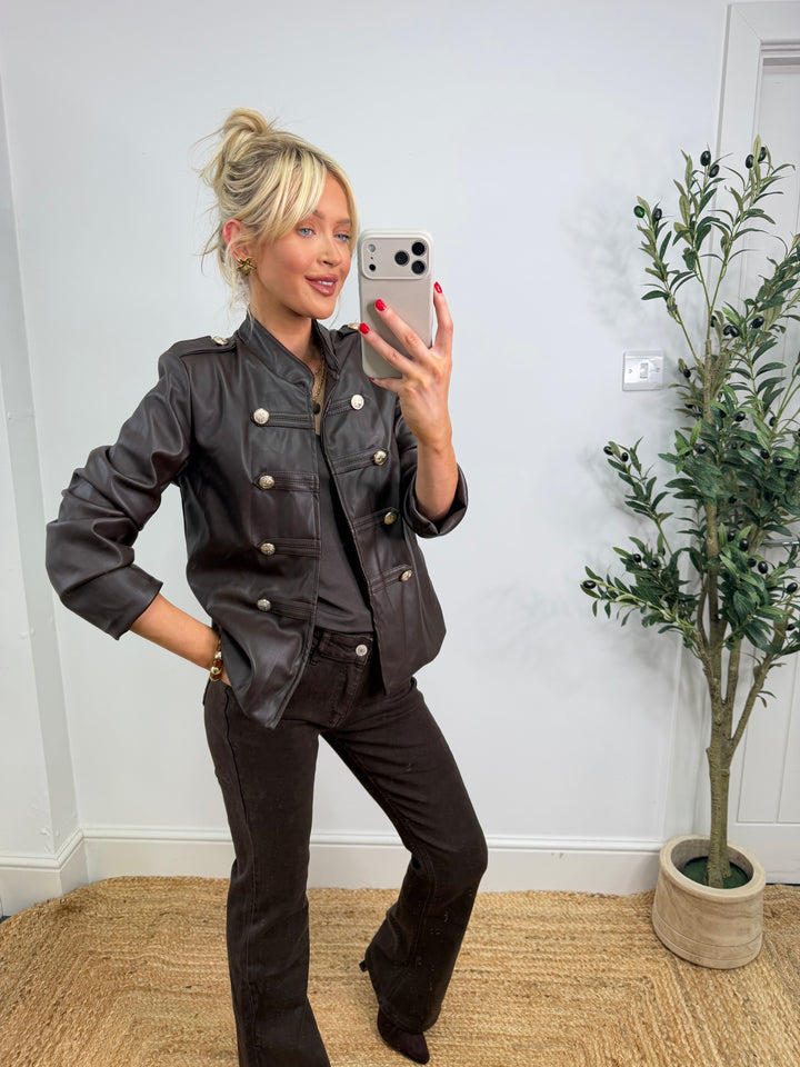 Penny PU Military Jacket - Chocolate