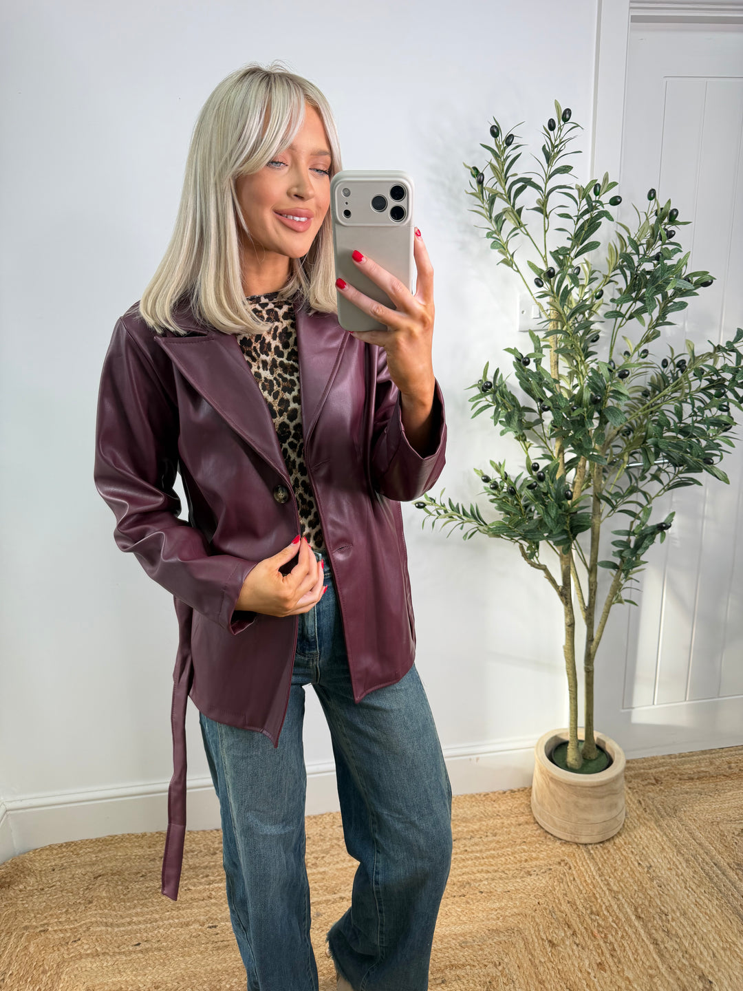 Elowen PU Belt Jacket - Burgundy