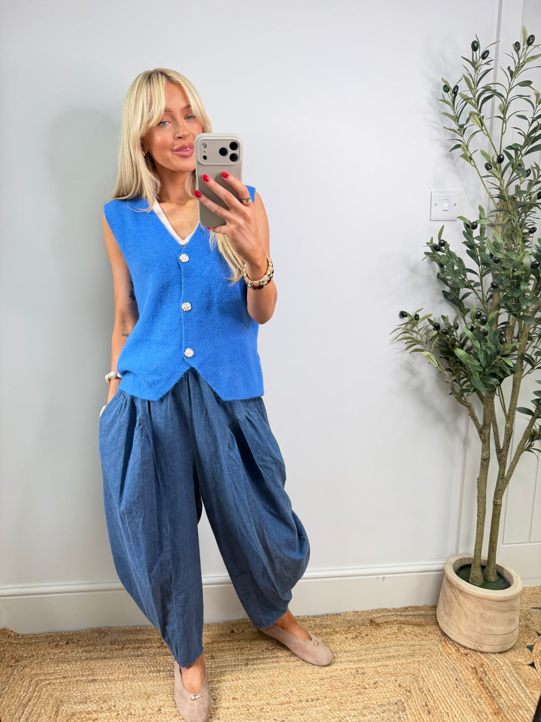 Kara Button Top - Cornflower
