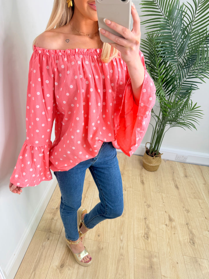 Celine Polka Dot Top - Coral