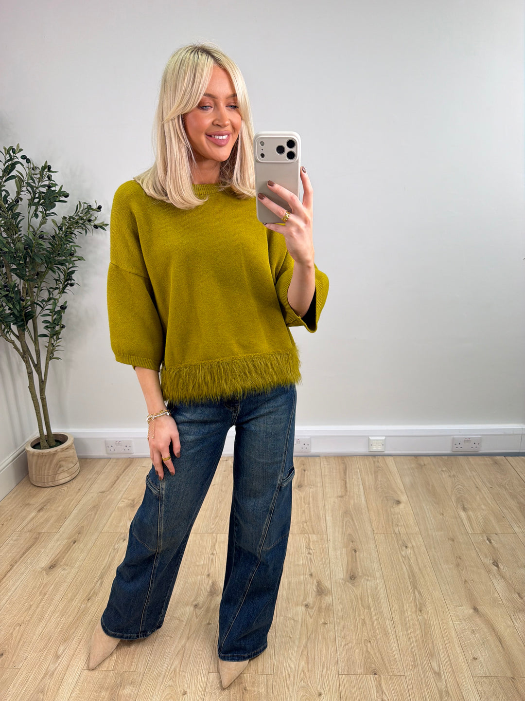 Mia Fur Trim Knit - Lime