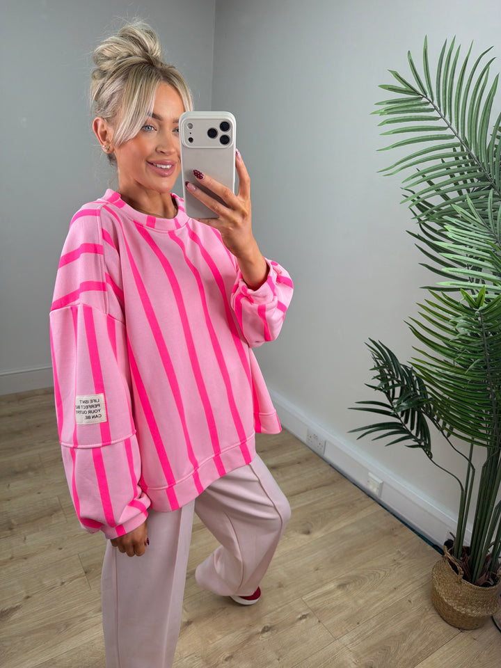 Alexa Slogan Stripey Sweatshirt - Baby Pink & Hot Pink