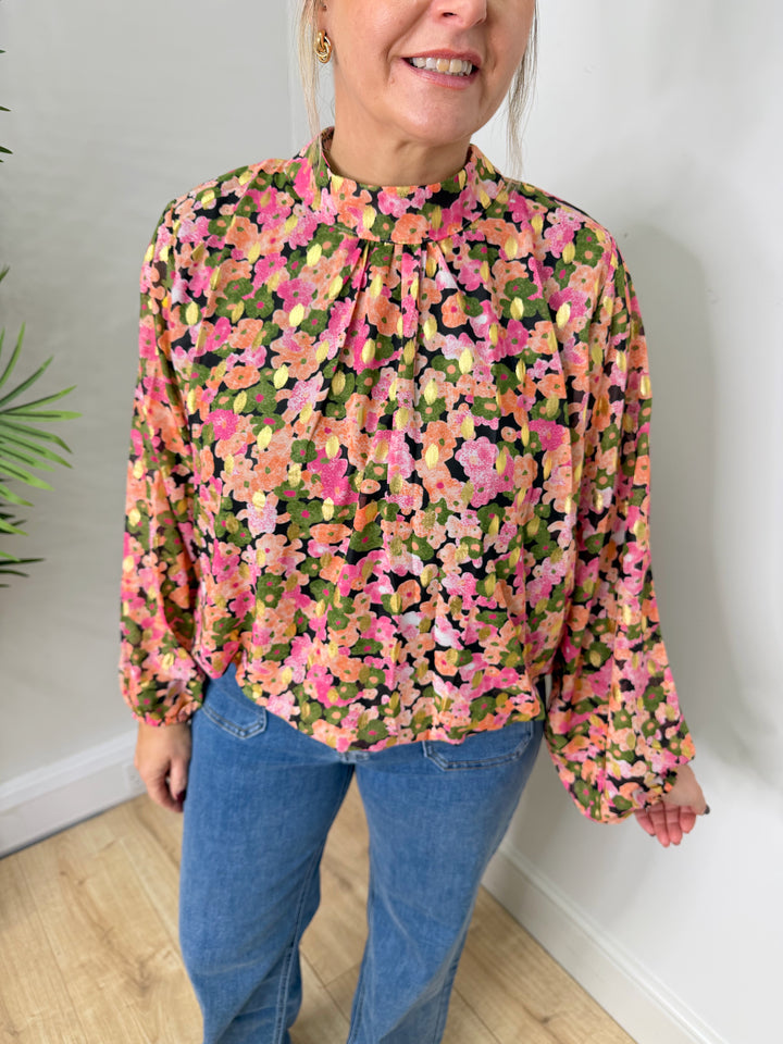 Gina Bubble Hem Top - Pink Flower