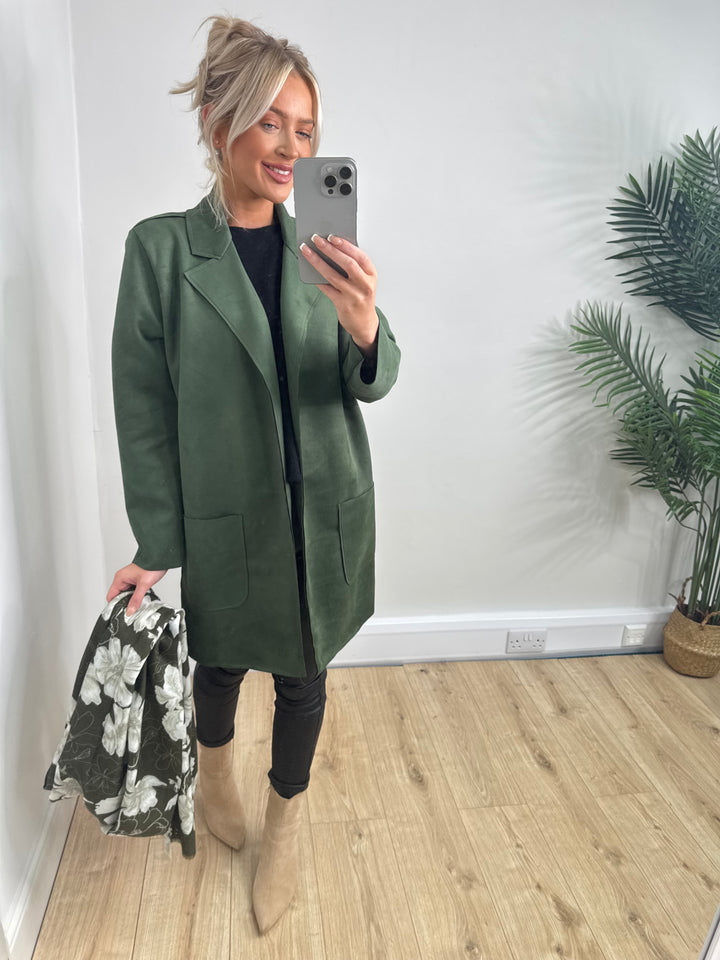 Leia Suede Longline Jacket - Khaki