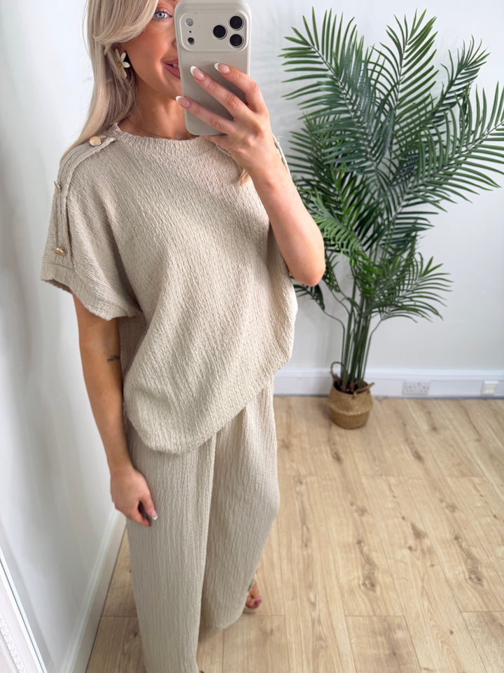 Crinkle Gold Button Two Piece - Beige