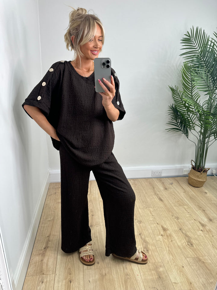 Plisse Gold Button Co-Ord - Chocolate