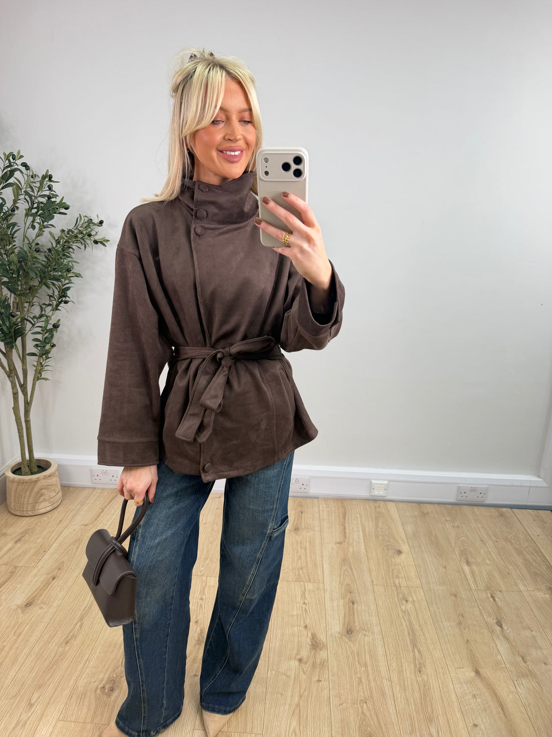 Florence Faux Suede Belt Jacket - Chocolate