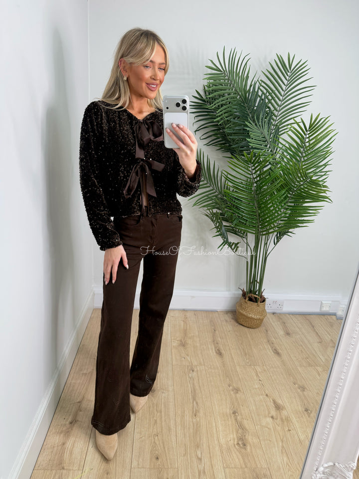 Sequin Bow Top - Chocolate preorder