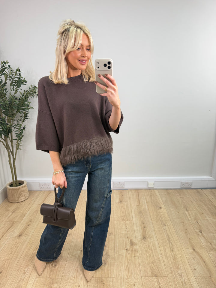 Mia Fur Trim Knit - Chocolate