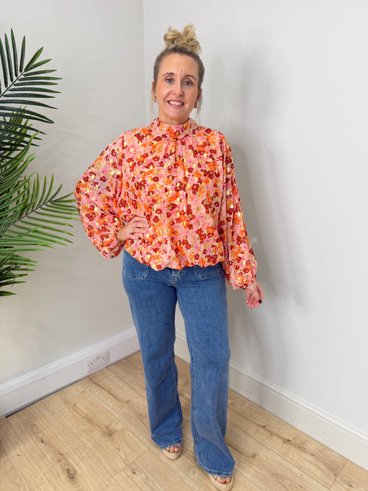 Gina Bubble Hem Top - Orange Flower