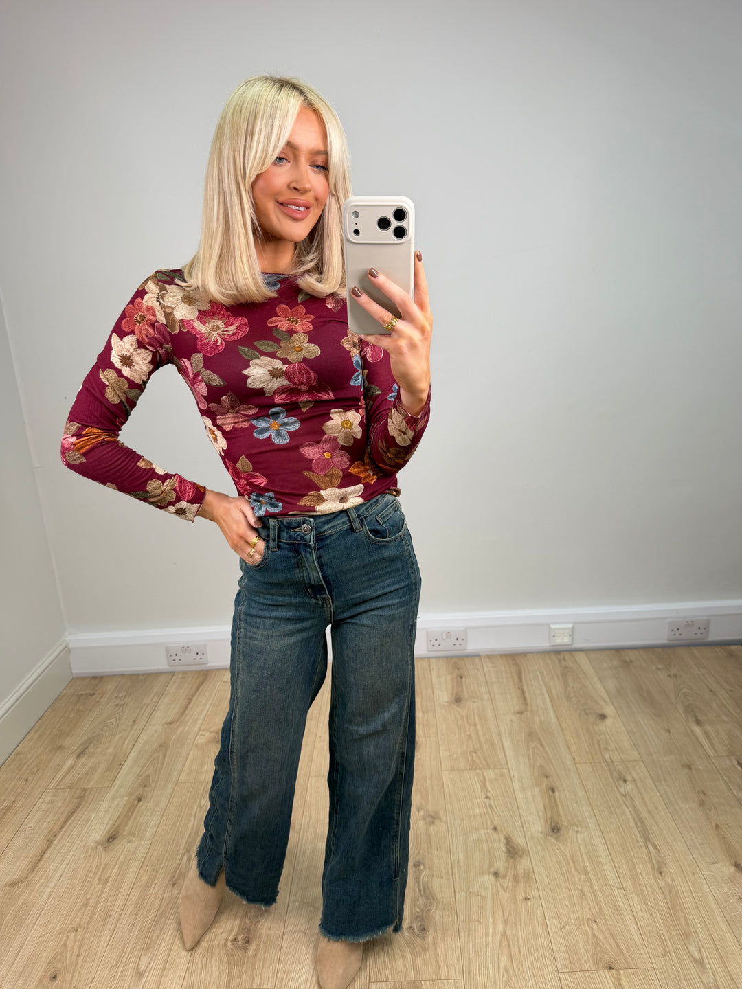Cashmere Blend Top - Wine Floral