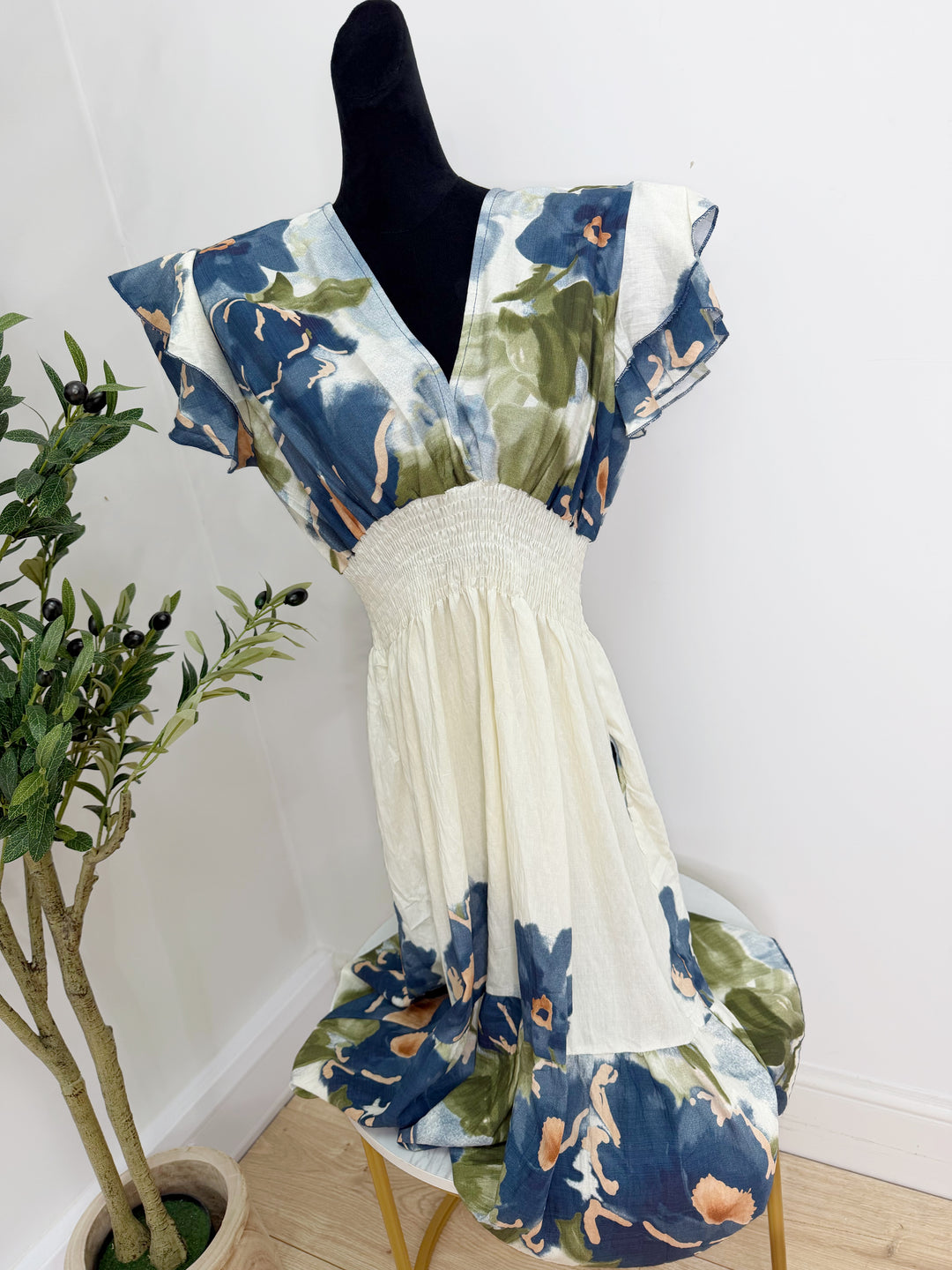Printed V Neck Dress - Midi