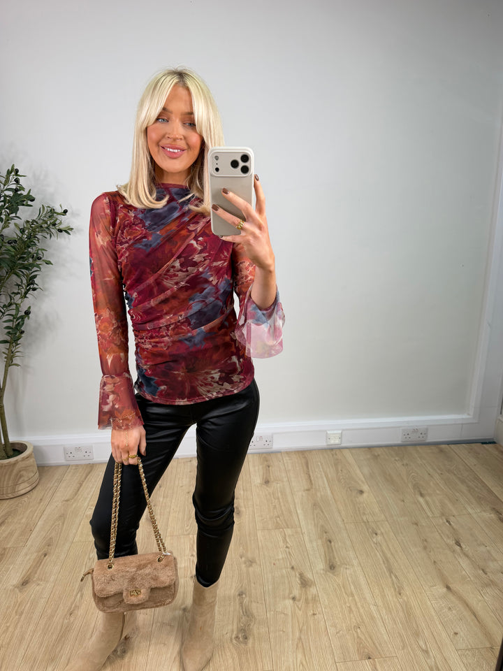 Jalo Ruched Mesh Top - Wine & Blue