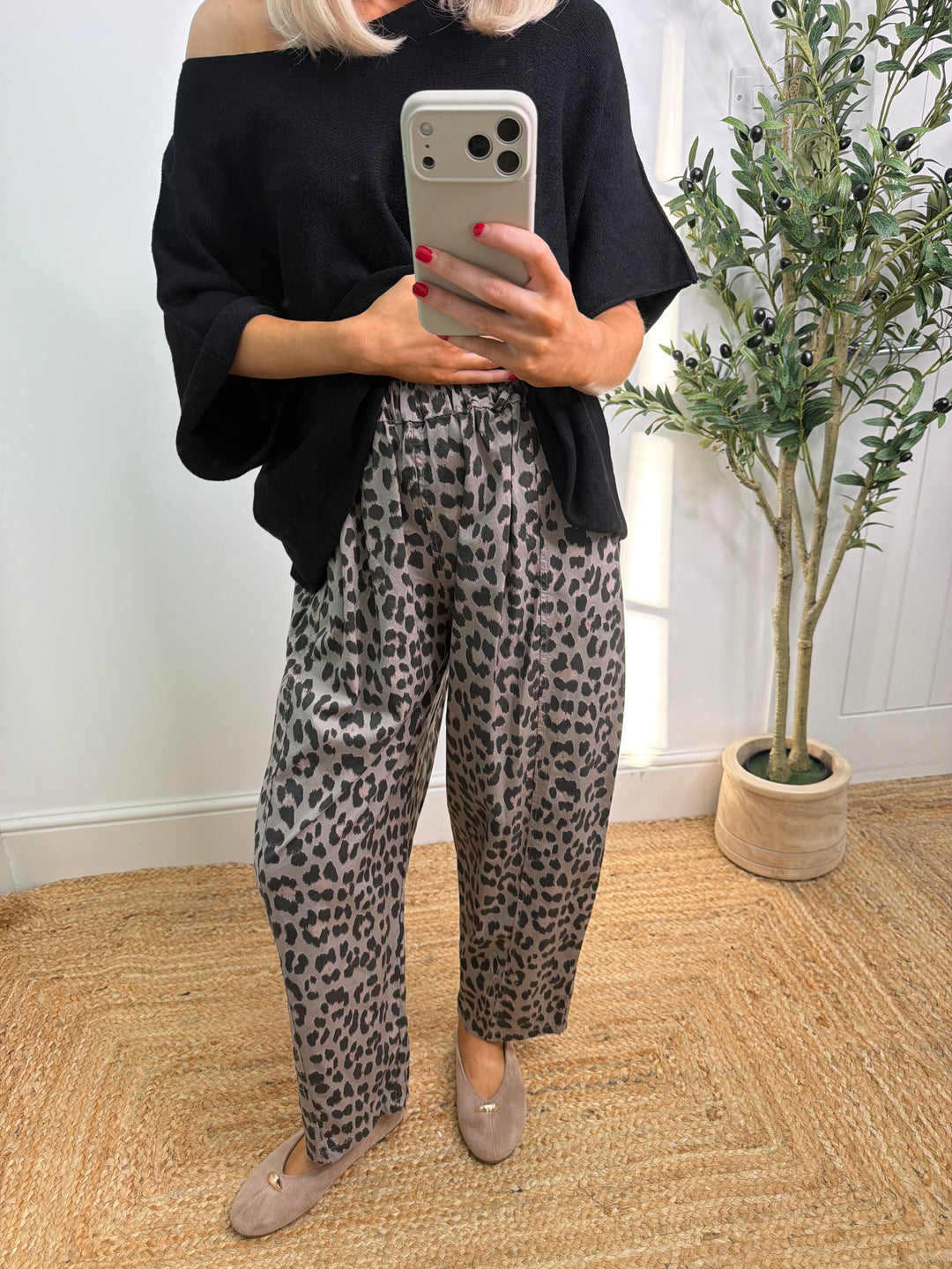 Leopard Cotton Denim Barrel - Mocha