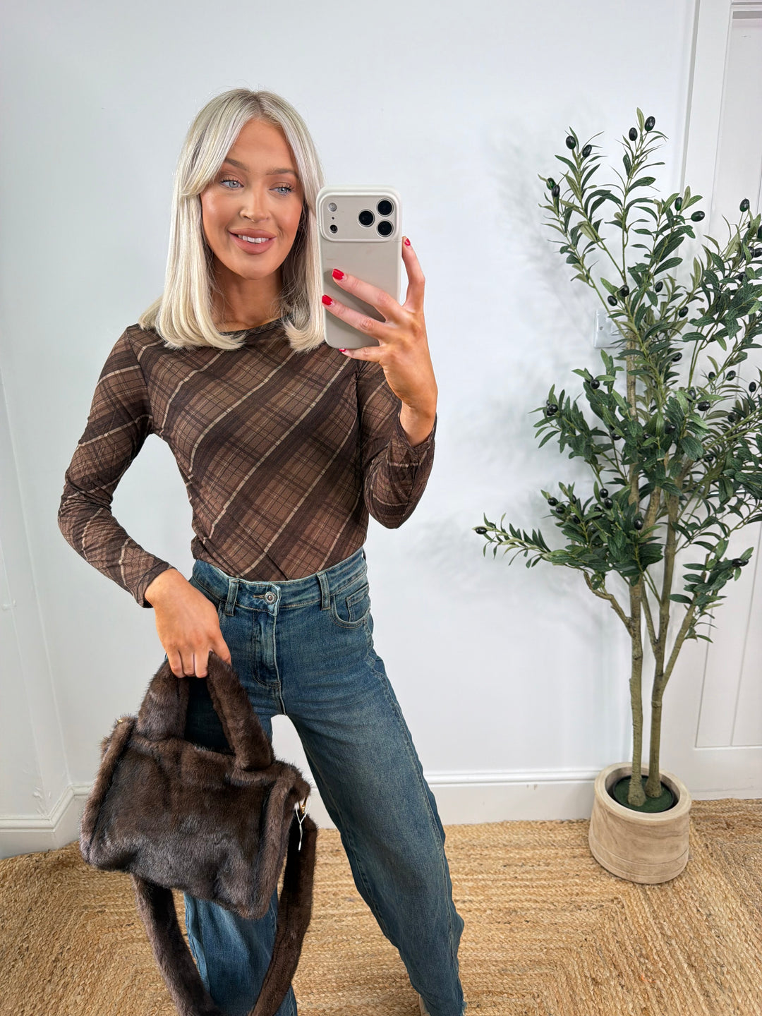 Cashmere Blend Top - Chocolate Plaid