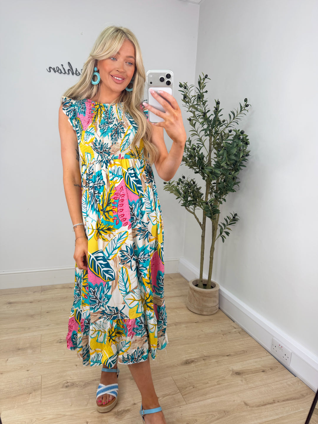 Printed Shirred Midi