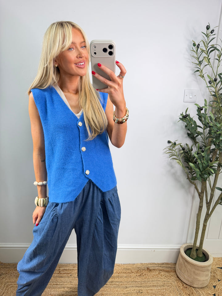 Kara Button Top - Cornflower