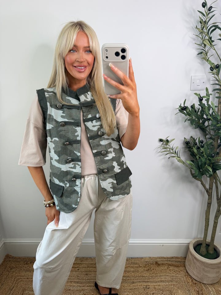 Caroline Camo Denim Waistcoat - Green