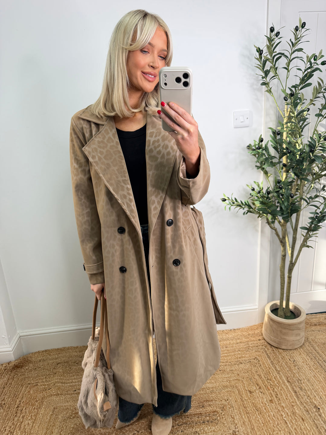 Marsha Leopard Matte Coated Trench - Beige