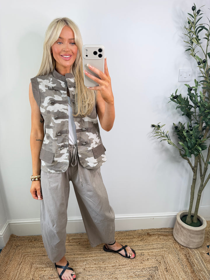 Caroline Camo Denim Waistcoat - Mocha