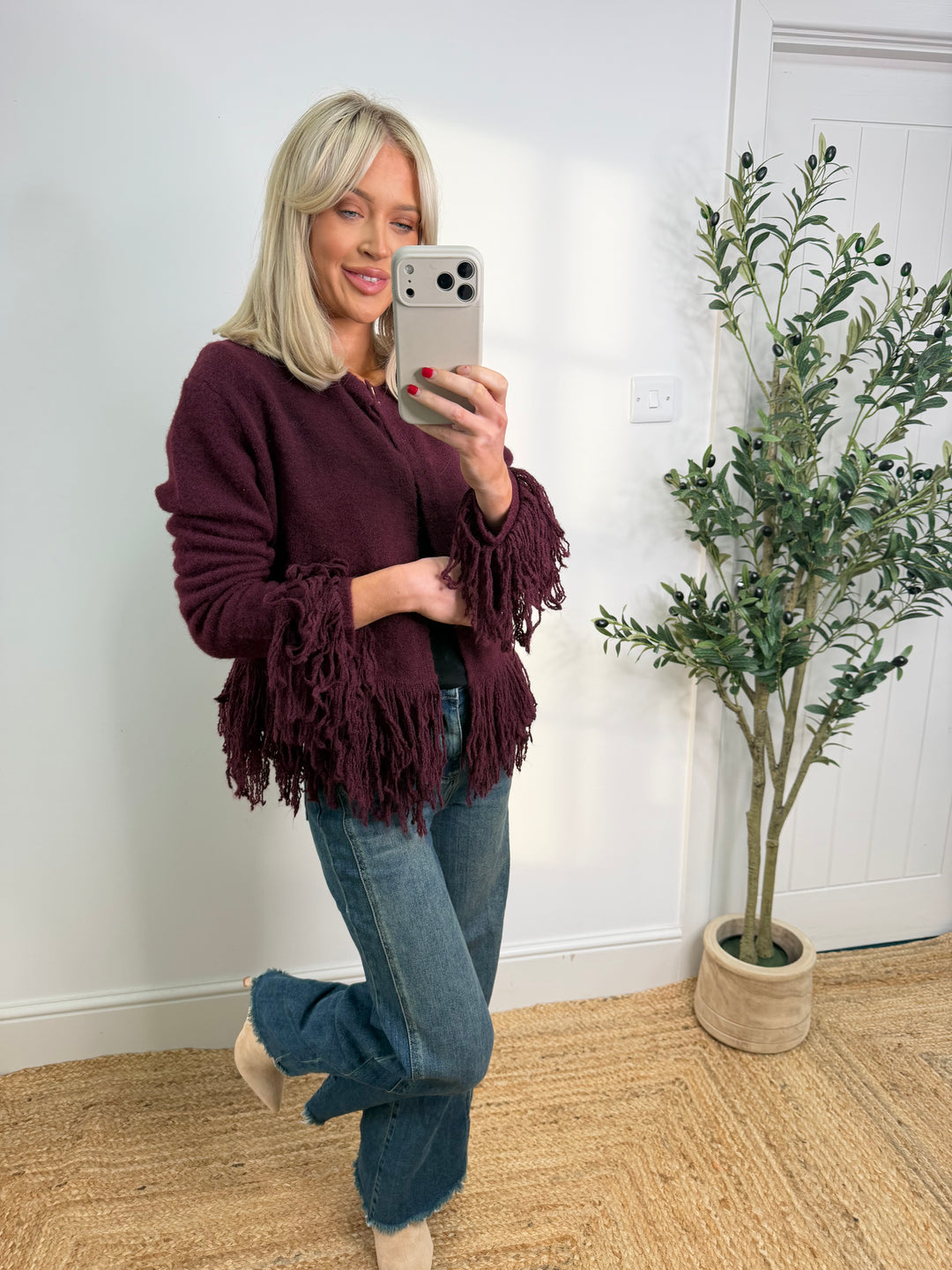 Adele Fringe Cardigan - Wine