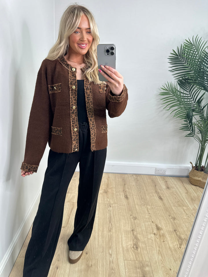 Freya Leopard Trim Jacket - Chocolate