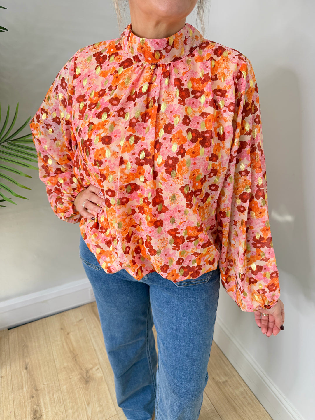 Gina Bubble Hem Top - Orange Flower