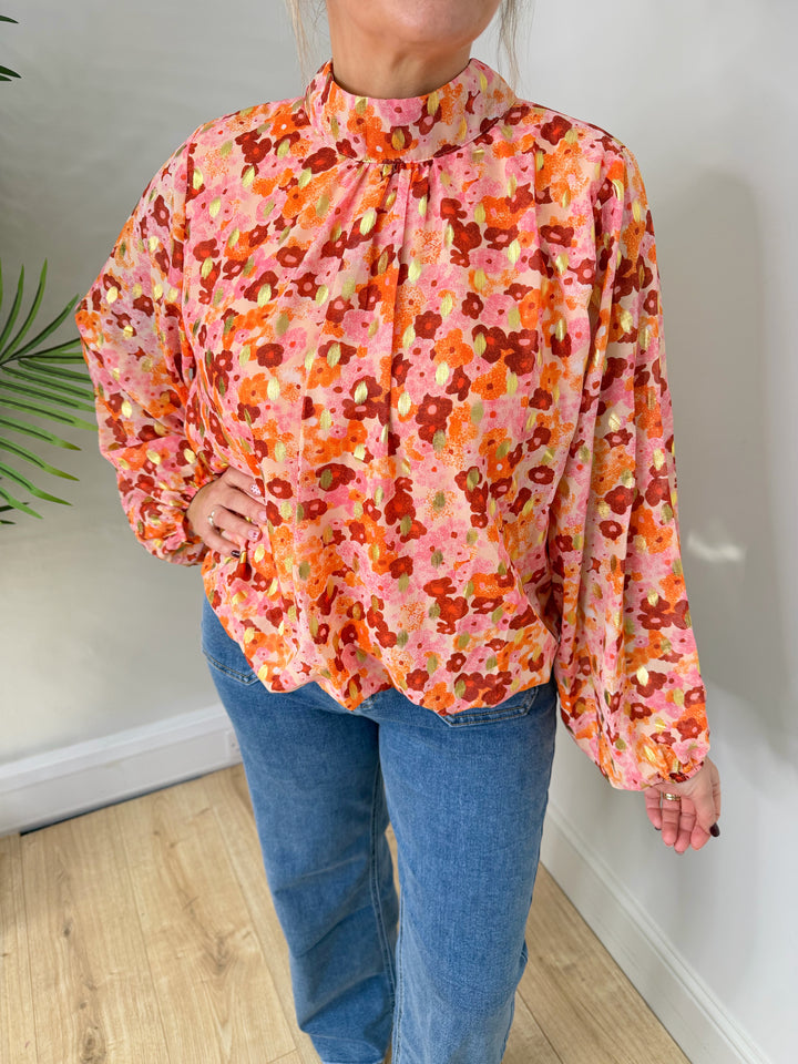 Gina Bubble Hem Top - Orange Flower