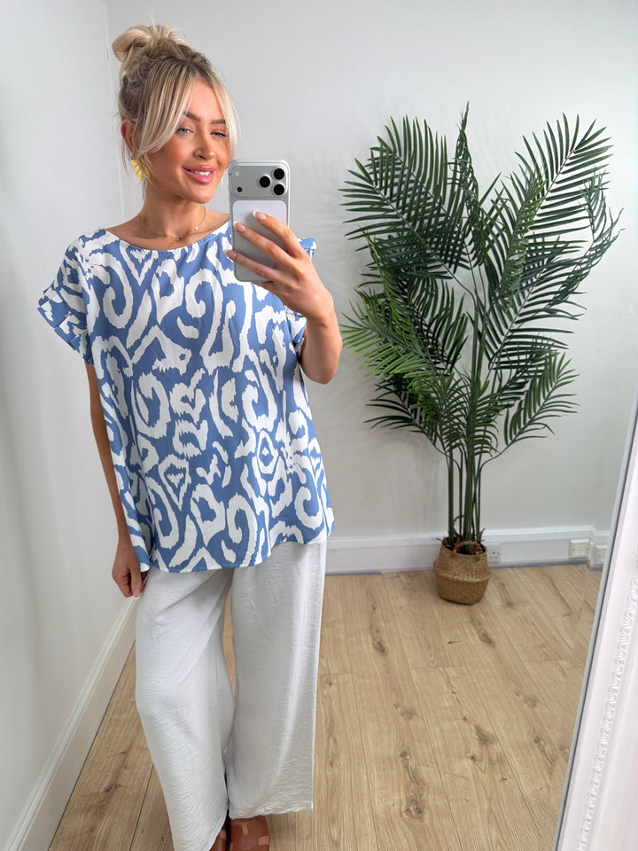 Leopard Frill Sleeve Top - Denim