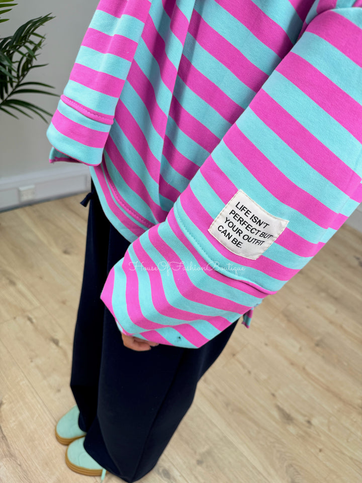 Alexa Slogan Stripey Sweatshirt - Mint & Fuchsia PREORDER